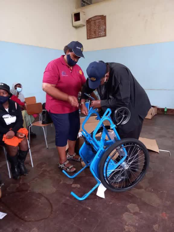 Mrs P Mabhena assembling wheelchairs donated by Rotary Club of Bulawayo South